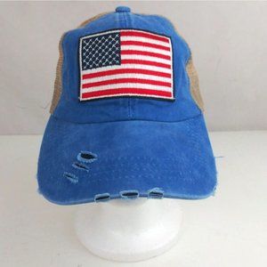 Blue With USA Flag Mesh Back Distressed Embroidered Patch Adj. Baseball Cap